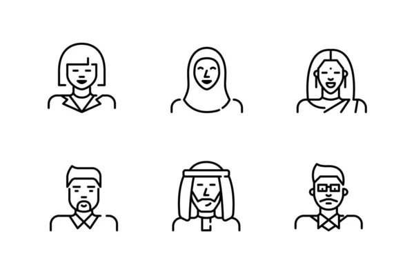 Iconos de avatar de arte de línea. Personas asiáticas, incluidos hombres y mujeres chinos, coreanos, indios y árabes. Pixel perfecto, golpe editable — Vector de stock