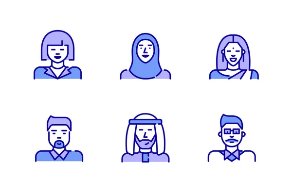 Iconos de avatar de arte de línea. Personas asiáticas, incluidos hombres y mujeres chinos, coreanos, indios y árabes. Pixel perfecto, carrera editable, color — Vector de stock
