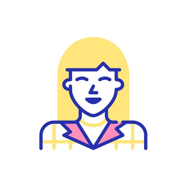 Fun line art avatar ikon. Aranyos mosolygós lány fejpánttal és hajvágással. Pixel tökéletes, szerkeszthető színes stroke — Stock Vector