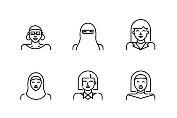 Conjunto de iconos avatar mujer. Estudiantes, niñas, mujeres en hijab y niqab. Pixel perfecto, iconos de carrera editables — Vector de stock