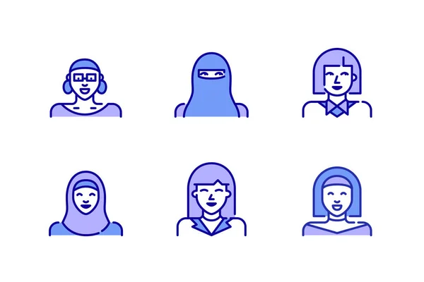 Conjunto de iconos avatar mujer. Estudiantes, niñas, mujeres en hijab y niqab. Pixel perfecto, iconos de color de trazo editable — Vector de stock