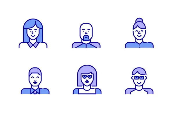 Conjunto de iconos de perfil de usuario simple de arte lineal. Niñas, niños y trabajadores profesionales. Pixel perfecto, golpe editable, de color — Vector de stock