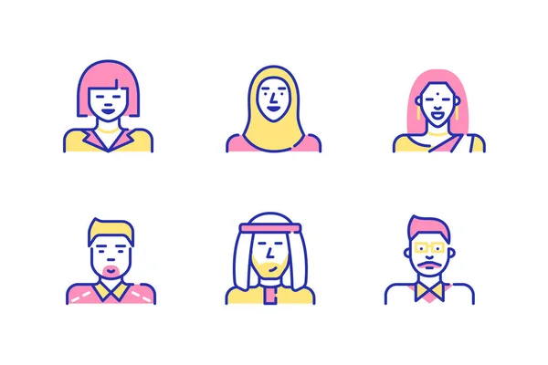 Iconos de avatar de arte de línea. Personas asiáticas, incluidos hombres y mujeres chinos, coreanos, indios y árabes. Pixel perfecto, carrera editable, color — Vector de stock