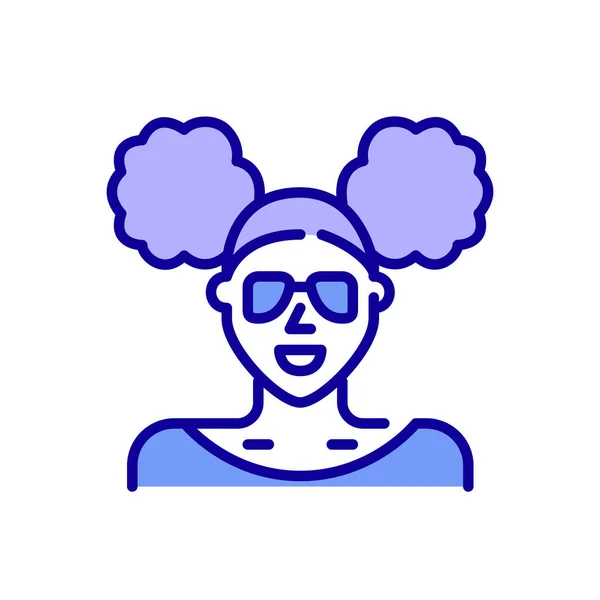Afrikai amerikai lány két oldalsó zsemle frizura, aranyos napszemüveg és fülbevaló. Pixel tökéletes, szerkeszthető stroke szín avatar ikon — Stock Vector