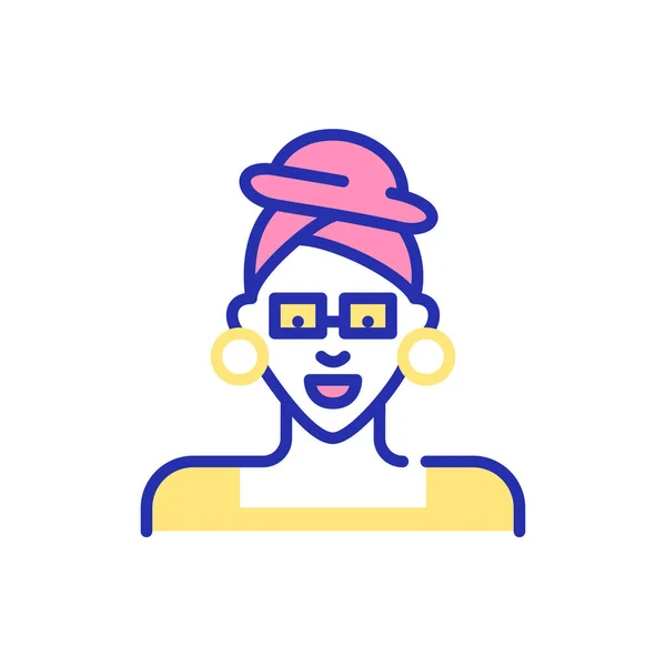 Elegáns, elegáns lány turbánt és nagy fülbevalót visel. Pixel tökéletes, szerkeszthető stroke szórakoztató szín avatar ikon — Stock Vector