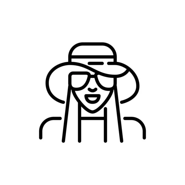 Mädchen mit langen Haaren, Hut und Sonnenbrille. Pixel perfektes, editierbares Strichsymbol — Stockvektor
