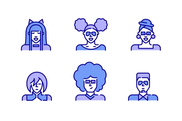 Conjunto de imagens de perfil. Anime cosplay adolescentes, homem com cabelo afro, menina com pães encaracolados, menina em um turbante. Pixel perfeito, ícones de cor curso editável — Vetor de Stock