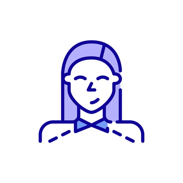 Söt student flicka med långt hår bär en hoppare. Pixel perfekt, redigerbar stroke färg avatar ikon — Stock vektor