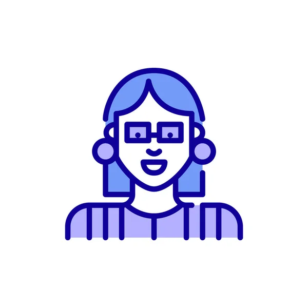 Söt ung kvinna med en bob frisyr bär glasögon och randig skjorta. Pixel perfekt, redigerbar stroke färg ikon — Stock vektor