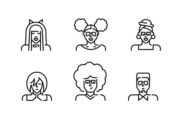 Fotos de perfil conjunto. Anime cosplay adolescentes, hombre con pelo afro, chica con bollos rizados, chica con turbante. Pixel perfecto, iconos de carrera editables — Vector de stock