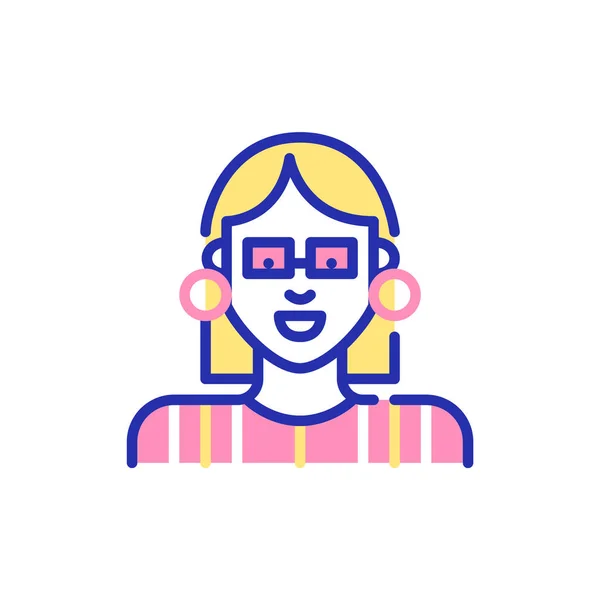 眼鏡とストライプのシャツを着てボブの散髪とかなり若い女性。ピクセル完全、編集可能なストローク楽しい色のアイコン — ストックベクタ