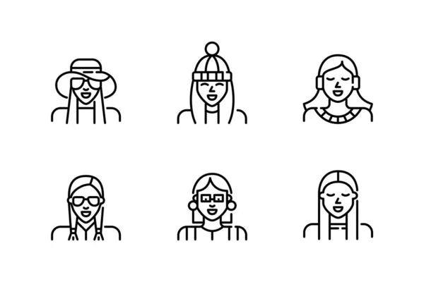 Conjunto de iconos de avatar de perfil femenino. Chica con sombrero, pompón gorra de invierno, escuchando música en los auriculares. Pixel perfecto, golpe editable — Vector de stock