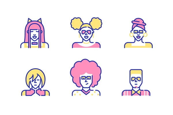 Profile pictures set. Anime cosplay teens, man with afro hair, girl with curly buns, girl in a turban. Pixel perfect, editable stroke fun color icons — Stock Vector