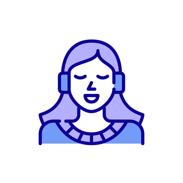 Schattig jong meisje luisteren naar muziek in koptelefoon en glimlachen. Pixel perfecte, bewerkbare slagkleur pictogram — Stockvector