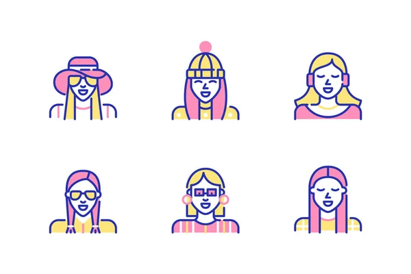 Conjunto de iconos de avatar de perfil femenino. Chica con sombrero, pompón gorra de invierno, escuchando música en los auriculares. Pixel perfecto, golpe editable, color divertido — Vector de stock