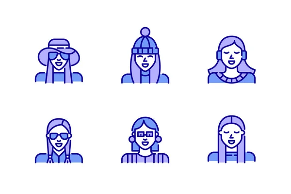 Conjunto Iconos Avatar Perfil Femenino Chica Con Sombrero Pompón Gorra — Vector de stock