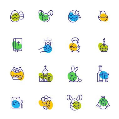 Paskalya ikonları hazır. Yumurtalar, tavşanlar, kutsal İncil ve kilise. Piksel mükemmel, düzenlenebilir vuruş renk simgeleri