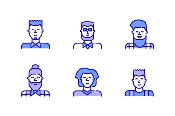 Hombres iconos de imagen de perfil conjunto. Adultos jóvenes, hipsters, adolescentes. Pixel perfecto, iconos de color de trazo editable — Vector de stock