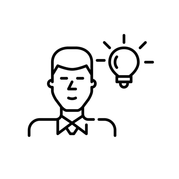 Ung affärsman som har en idé. Man i kostym med glödlampa. Pixel perfekt, redigerbar stroke ikon — Stock vektor