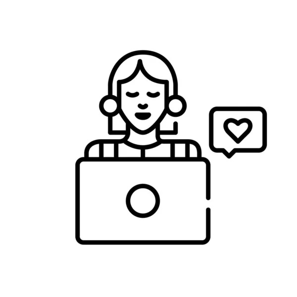 Chica trabajando en el ordenador portátil con un mensaje similar. Gestor de contenido SMM o blogger. Pixel perfecto, icono de carrera editable. — Archivo Imágenes Vectoriales