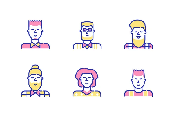 Hombres iconos de imagen de perfil conjunto. Adultos jóvenes, hipsters, adolescentes. Pixel perfecto, iconos de color divertido carrera editable — Vector de stock