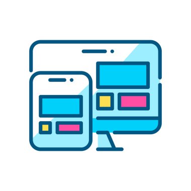 Ölçeklenebilir karşıt web tasarım sembolü. Bilgisayar ve tablette de aynı düzen var. Piksel mükemmel, düzenlenebilir vuruş renk simgesi