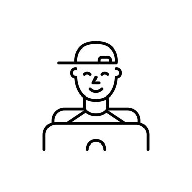 Genç bir çocuk dizüstü bilgisayarda beyzbol şapkası takıyor. Piksel mükemmel, düzenlenebilir vuruş simgesi