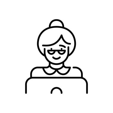 Büyükannem dizüstü bilgisayarda gözlük takıyor internette geziniyor ya da sohbet ediyordu. Kıdemli yetişkin kadın. Piksel mükemmel, düzenlenebilir vuruş simgesi