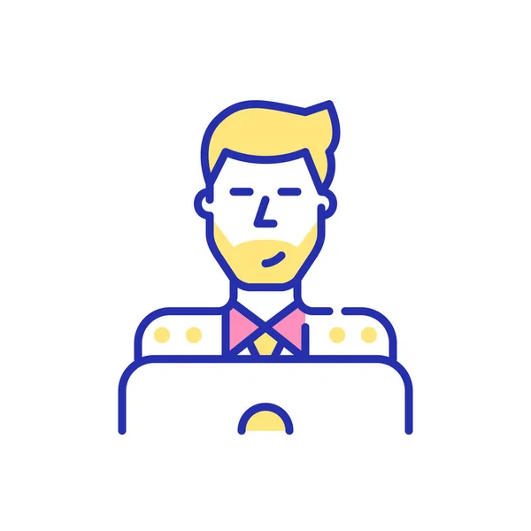 Un joven con estilo que trabaja en un portátil. Pixel perfecto, icono de color divertido carrera editable — Vector de stock