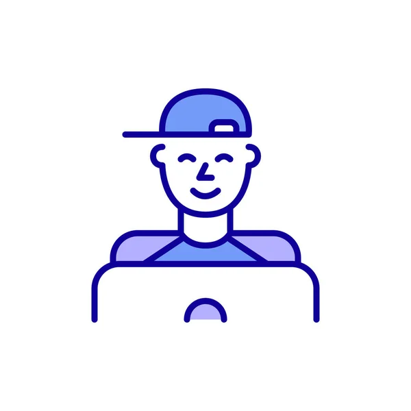 Egy fiatal srác baseball sapkát visel egy laptopnál. Pixel tökéletes, szerkeszthető stroke szín ikon — Stock Vector