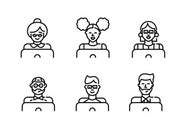 Farklı yaşlarda erkek ve kadın insanlar dizüstü bilgisayarda çalışıyor ya da öğreniyor. Piksel mükemmel, düzenlenebilir vuruş simgeleri