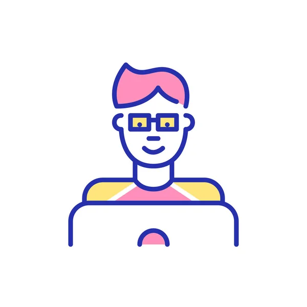Nerdy tonåring pojke bär glasögon lärande eller spel på en bärbar dator. Pixel perfekt, redigerbar stroke rolig färg ikon — Stock vektor