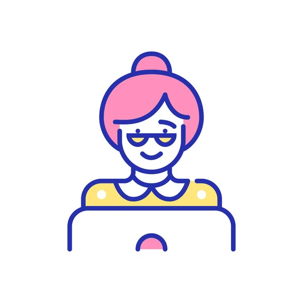 Mormor bär glasögon på en bärbar dator som surfar på internet eller chattar. En vuxen kvinna. Pixel perfekt, redigerbar stroke rolig färg ikon — Stock vektor