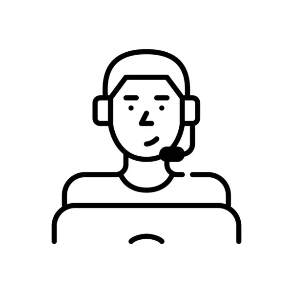 Jeune homme portant un casque qui travaille comme agent du centre d'appels. Pixel parfait, icône de course modifiable — Image vectorielle