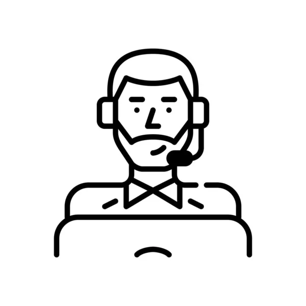 En ung professionell man i headset som jobbar som call center-agent. Pixel perfekt, redigerbar stroke ikon — Stock vektor