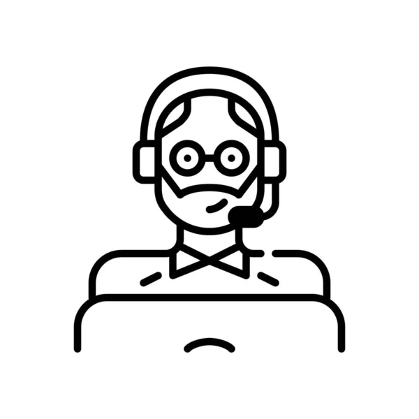 Középkorú férfi fülhallgatót visel, és call center ügynökként dolgozik egy laptopnál. Pixel tökéletes, szerkeszthető stroke ikon — Stock Vector