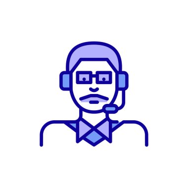 Bıyıklı genç adam destek merkezi ajanı olarak çalışıyor. Piksel mükemmel, düzenlenebilir vuruş, renk simgesi