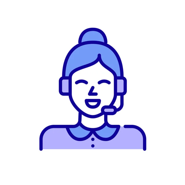 Aranyos fiatal lány fülhallgatóval az ügyfélszolgálatnál. Pixel tökéletes, szerkeszthető stroke, színes ikon — Stock Vector
