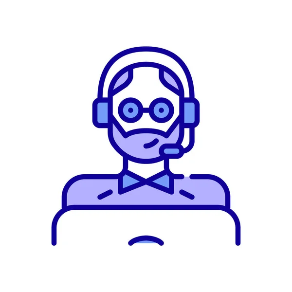 中年男子头戴耳机，在笔记本电脑上担任呼叫中心代理。像素完美，可编辑的笔划颜色图标 — 图库矢量图片