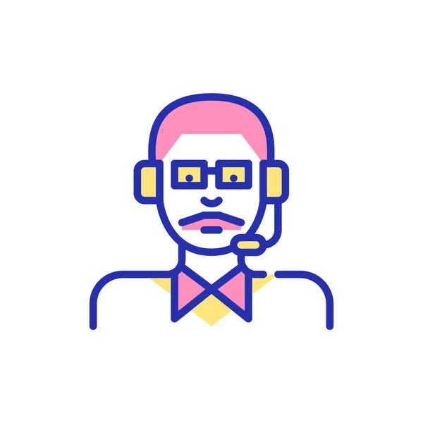 Un joven con bigote trabajando como agente del centro de llamadas de apoyo. Pixel perfecto, golpe editable, icono de color divertido — Vector de stock