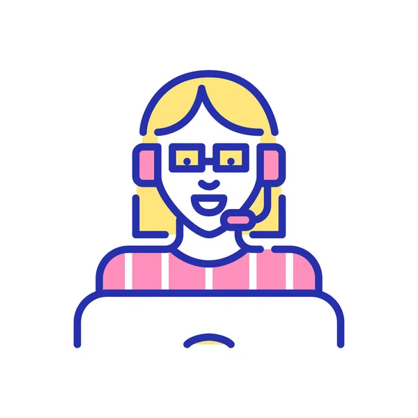 Ung flicka med bob frisyr i glasögon som arbetar på ett callcenter. Talar i ett headset som fungerar på laptop. Pixel perfekt, redigerbar stroke, rolig färg — Stock vektor