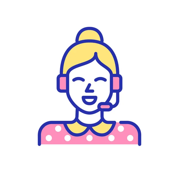 Schattig jong meisje met een headset die werkt bij de klantenservice. Pixel perfecte, bewerkbare beroerte, leuke kleur pictogram — Stockvector