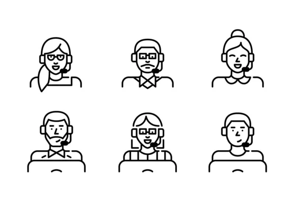 Iconos de diversidad de agentes de soporte técnico del centro de llamadas. Personas de varias edades y géneros que usan auriculares. Pixel perfecto, iconos de carrera editables — Vector de stock