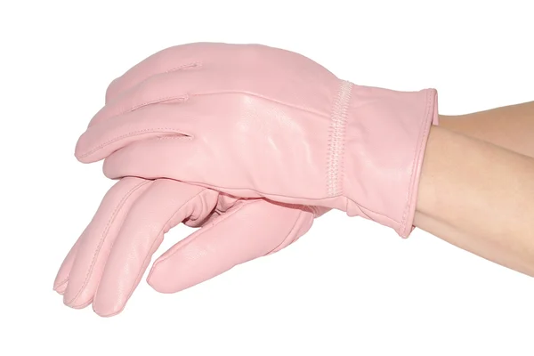 Manos de mujer en guantes de cuero rosa — Foto de Stock