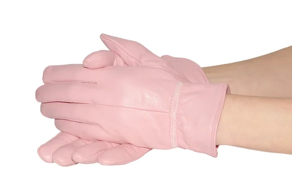 Элегантные женские розовые перчатки на белом — стоковое фото