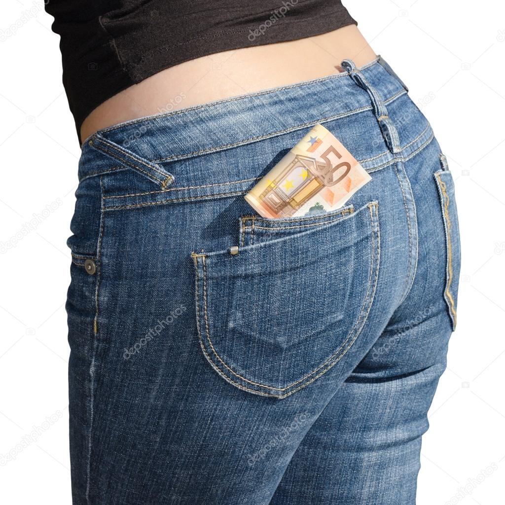 Fifty euro banknotes in jeans back pocket
