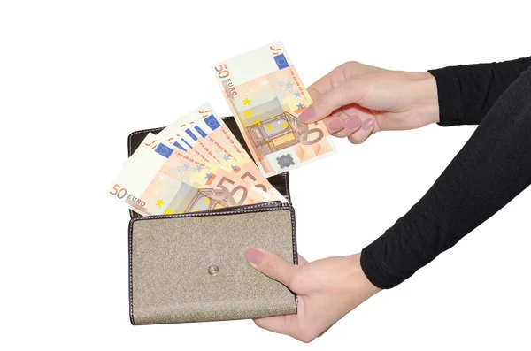 Beautiful woman's hands holding purse with fan of money isolate — Stock Photo, Image