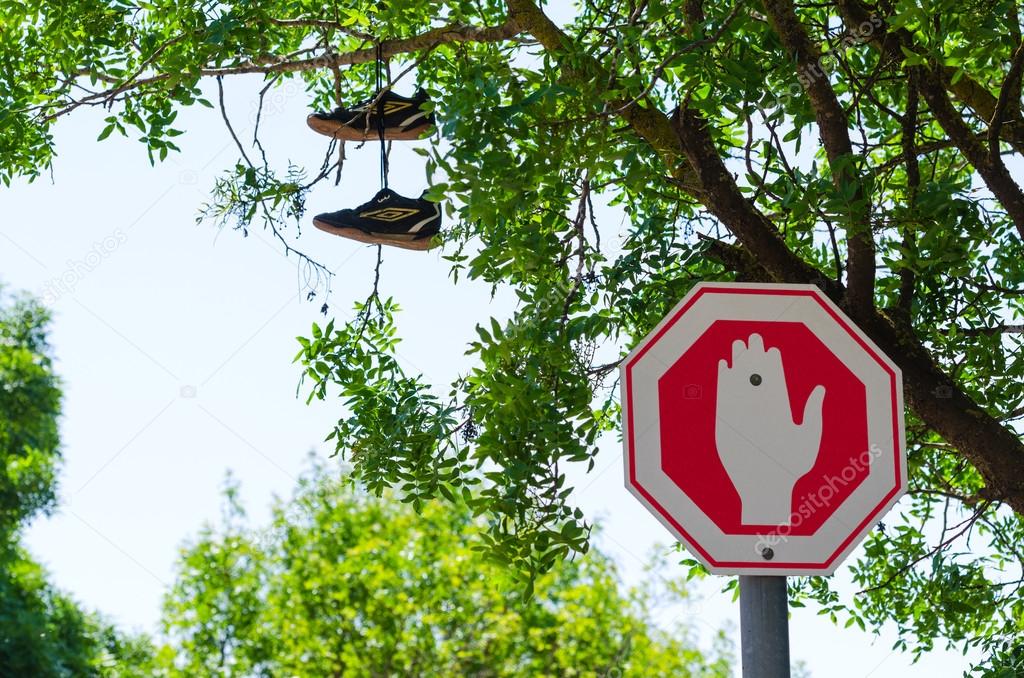 Wrong way Stop sign and shoes on the tree