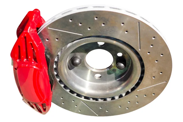 Assembled auto disc brakes red caliper with pads — Stock Photo, Image