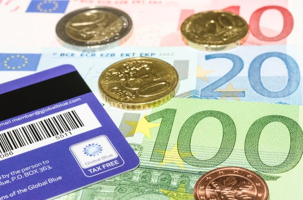 Barcode and logo on Global Blue card against European currency — Stock Photo, Image